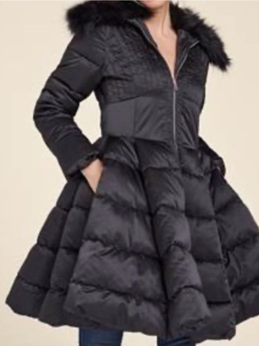 Venus Puffer Peplum Coat. Fur Collar Cinched Waist. Size 2XL
